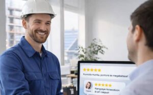 Építőipari szakember kezet fog ügyfelével irodában, háttérben monitoron pozitív ügyfélvélemények láthatók