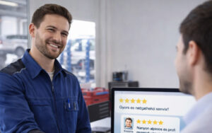 Autoszerelő kezet fog ügyfelével szerviz irodában, háttérben monitoron 5 csillagos ügyfélvélemények láthatók